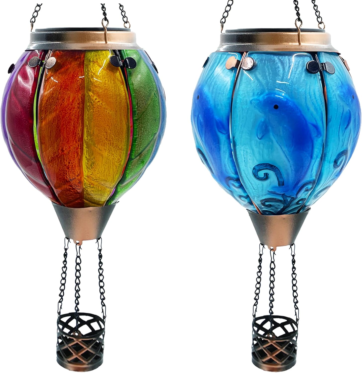 2PCS Glass Solar Hot Air Balloon Lanterns with Flame Hanging Garden Flickering Light Outdoor Waterproof for Yard Patio Tree Mother's Day Gift, Colorful+Dolphin