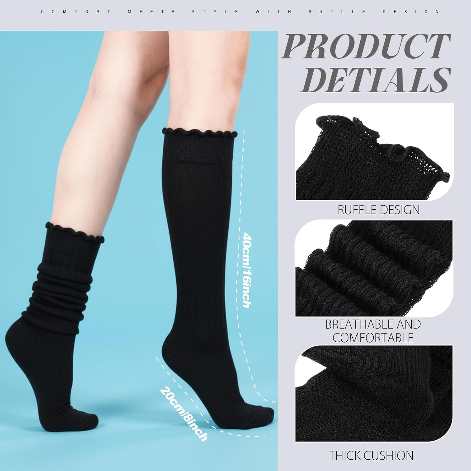 Sintege 3 Pairs Slouch Ruffle Socks for Women Knit Scrunch Warm Knee Boot High Socks Soft Ruffle Women's Legging Sock - Image 2