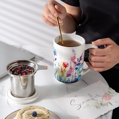 Miniatura 6 de Taza de Té de Porcelana AmorArc con Infusor y Tapas, Taza Grande de 18 Oz con Filtro con Soporte para Bolsa de Té de Hojas Sueltas, Taza para