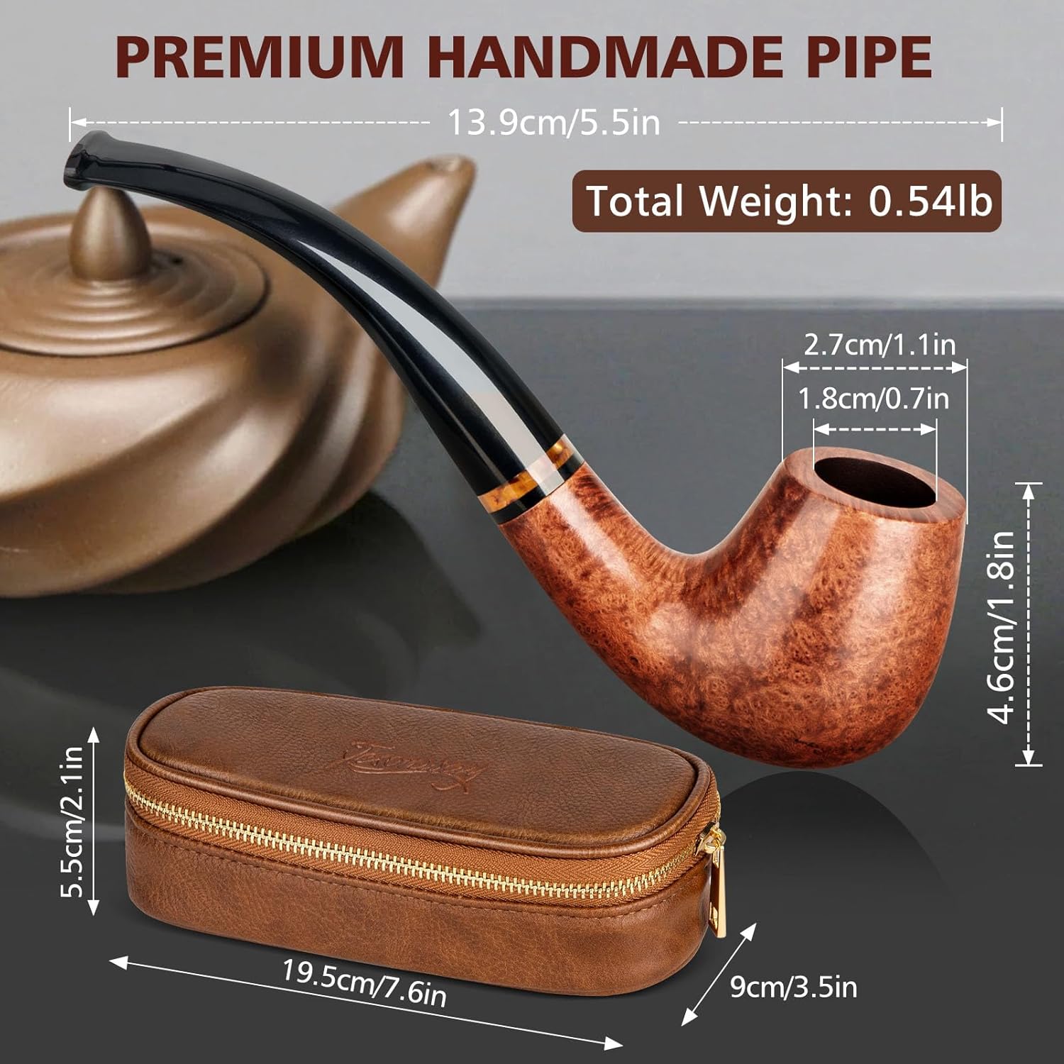 Tesonway Wood Pipe Set With PU Leather Pouch, 4-in-1 Stand Holder and Accessories (Brown)