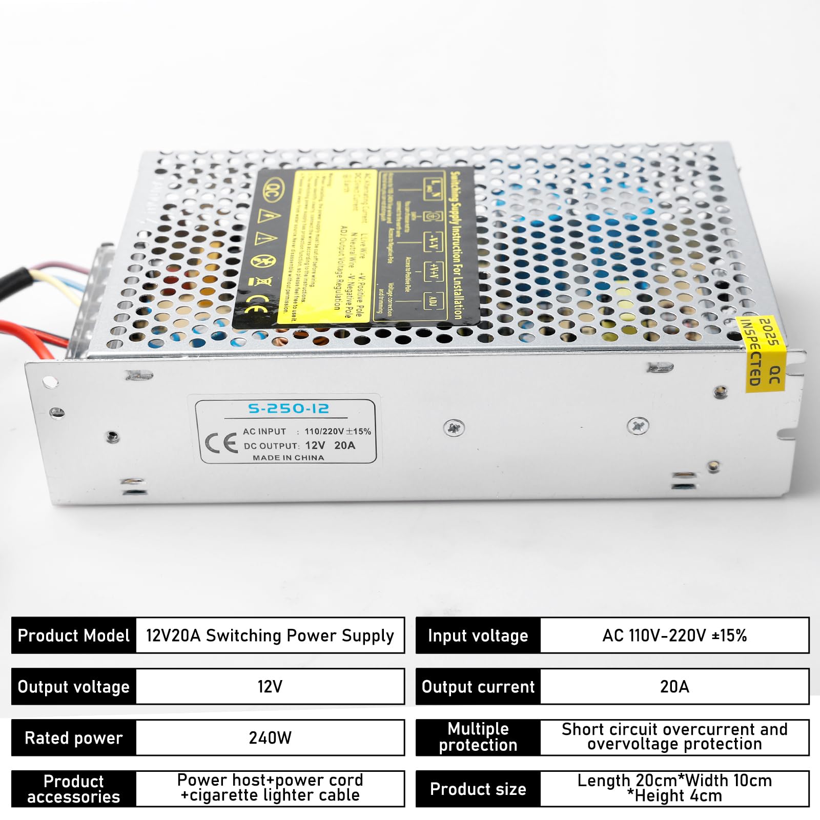 Zasilacz impulsowy 12 V, 20 A, 240 W, adapter sieciowy do samochodu, transformator napięcia AC 240 V na DC 12 V, zasilacz sieciowy, odpowiedni do taśm LED, CCTV, radia, aparatów, instrumentów