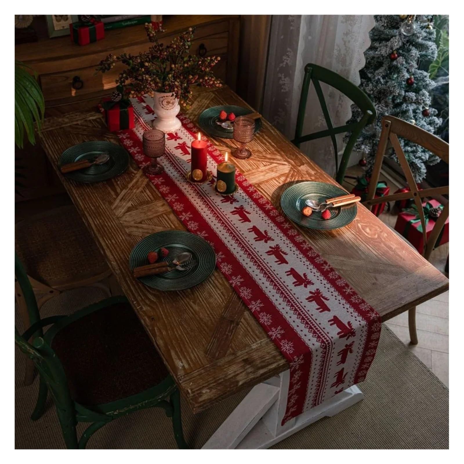 manteles Mantel navideño con Estampado de muñecos de Nieve, Camino de Mesa con Estampado de Alces navideños con borlas, decoración de Mesa navideña for Fiestas en casa(Style C,35x350cm)