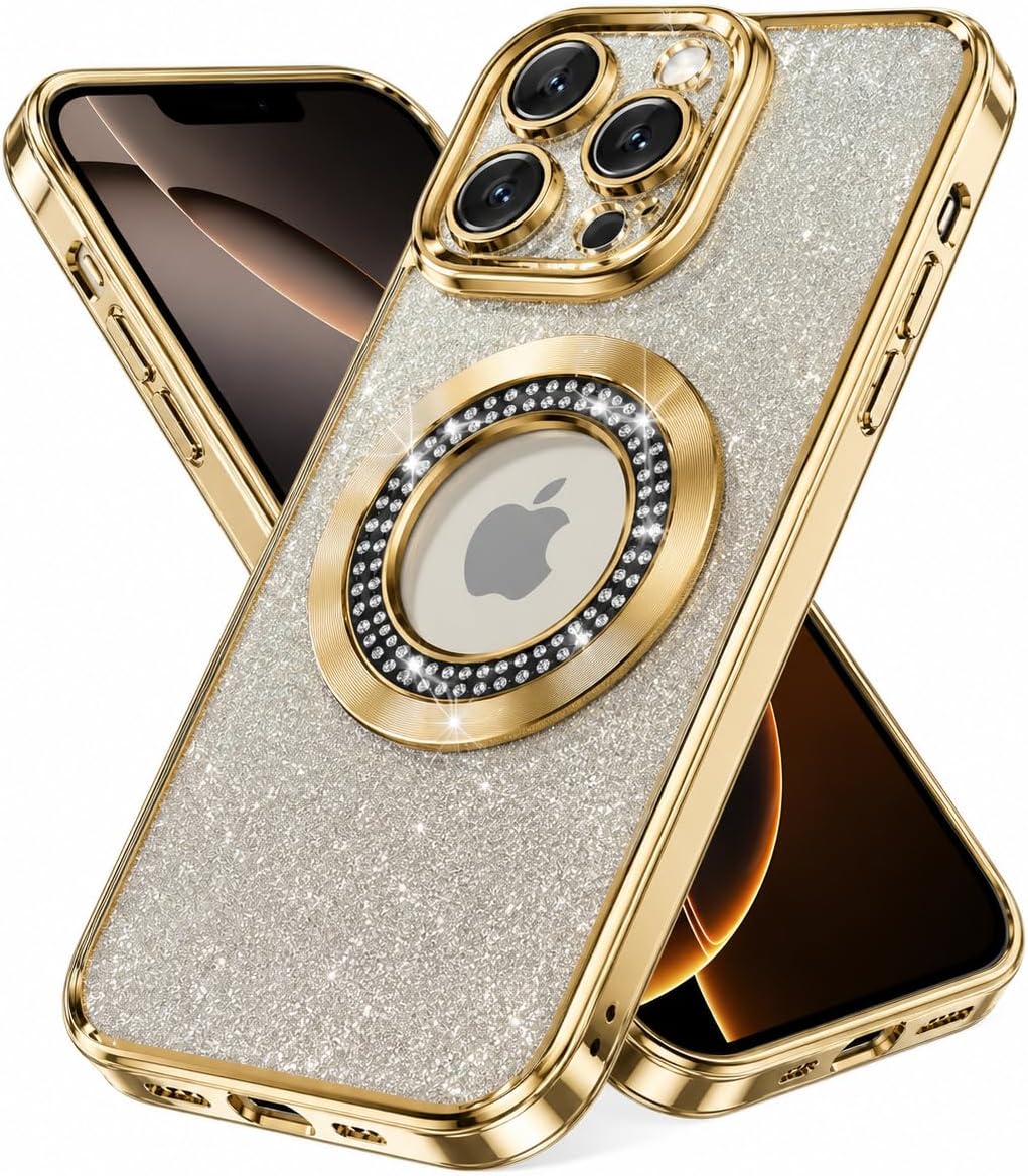 Gold Rhinestone Case for iPhone 13 Pro, Luxury Crystal Bling Phone Cover for Women, Sparkly Jewelry-Inspired Design with Camera Lens Protection, Wireless Charging Support and Side Lanyard Hole