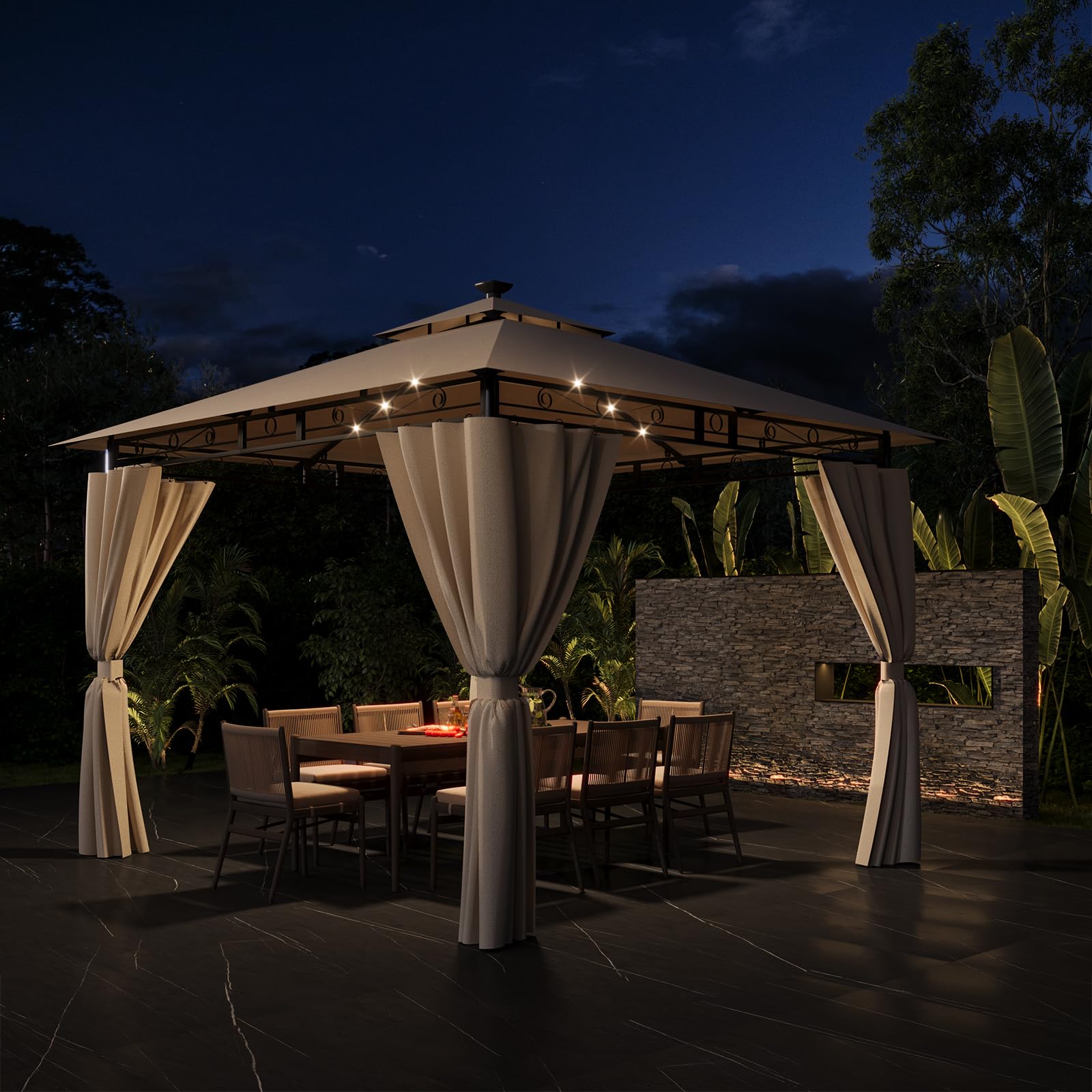 Devoko Gazebo da Giardino 3x3 con Luce LED,Telo Gazebo 3x3 Impermeabile,Gazebo Esterno Resistente,Telaio in Metallo, Gazebos,Beige