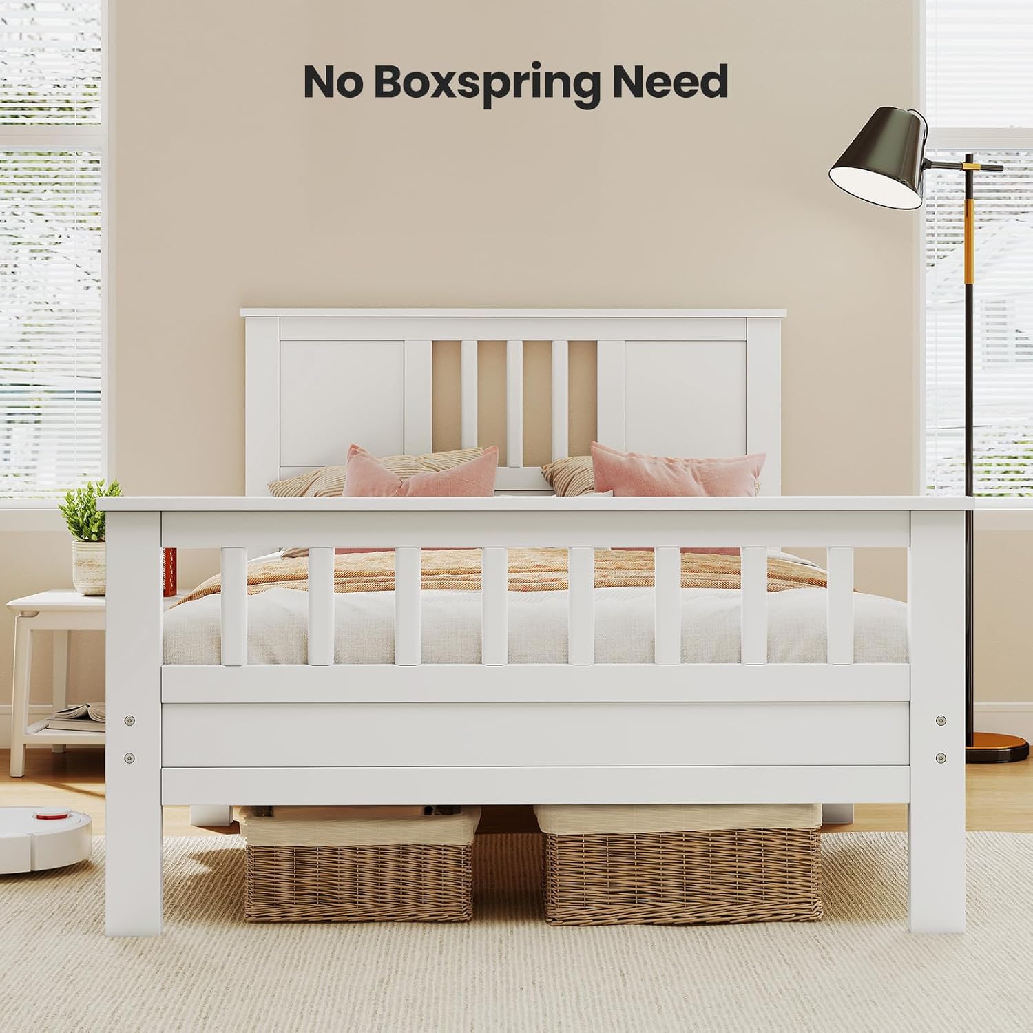 DUMOS Metal Platform Bed Frame - Twin Size Mattress Foundation with Headboard and and Footboard, No Box Spring Needed with 350LBS Sturdy Wooden Slats Support, Noise Free, White