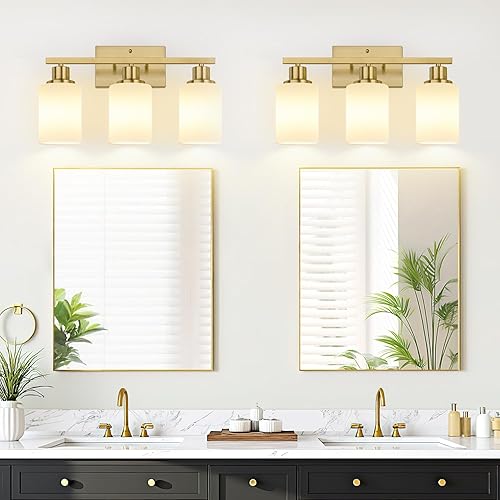 Miniatura 4 de Lámpara de baño de 4 luces, lámpara de tocador dorada cepillada con tonos blancos lechosos, accesorios de iluminación de baño sobre espejo, lámpara