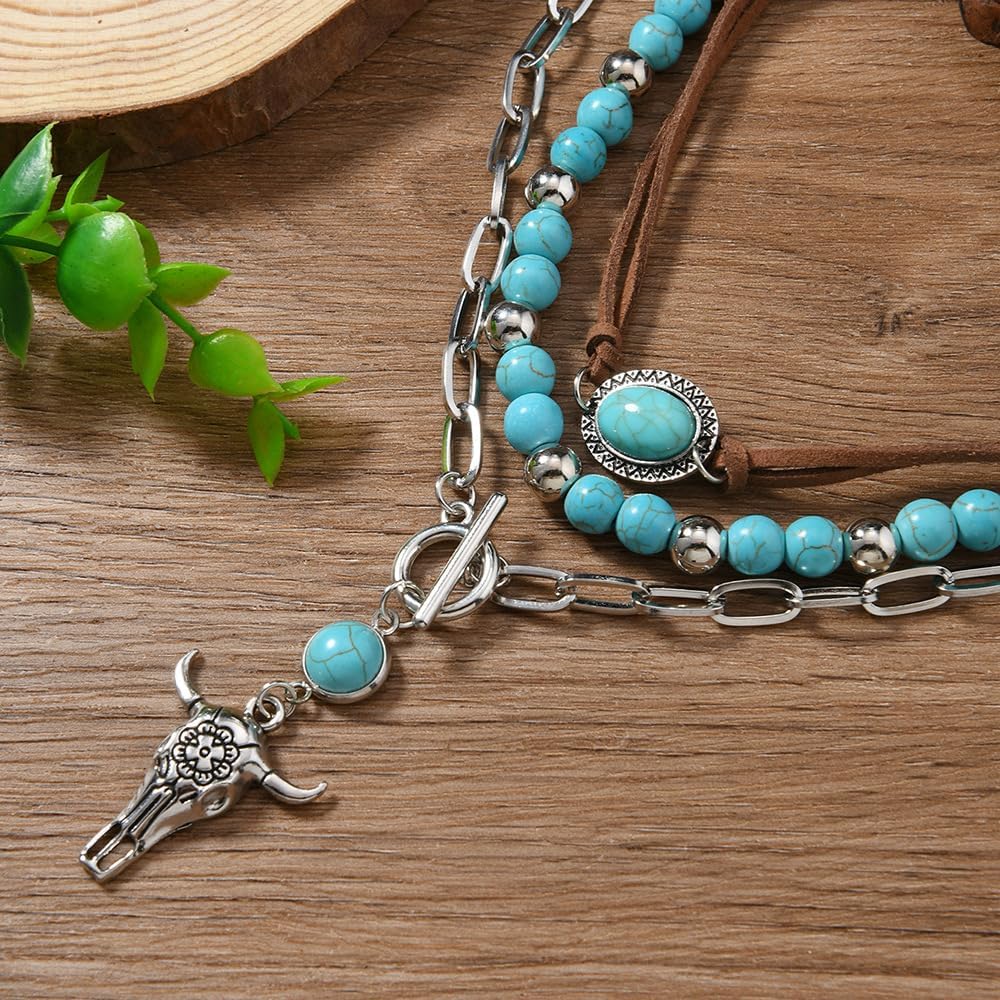 Western Layered Turquoise Bull Skull Necklace for Women, Vintage Southwest Style Faux Leather Beaded Choker Ox-head Pendant Necklace Western Jewelry for Women Cowgirl Accessories