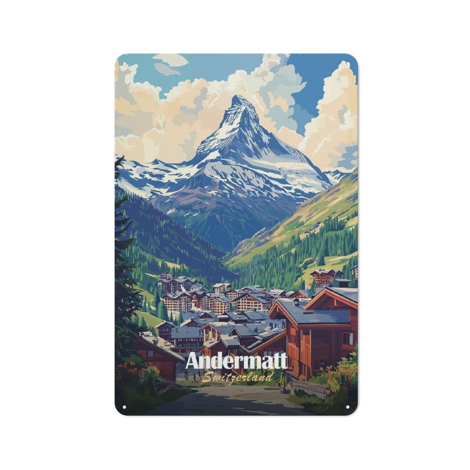 Junmoney Style-20 Casual Andermatt Switzerland Mountain View Shed Metal Sign 30X20cm, Utility Space Decor For Shed, Garden Room, Porch Or Garage