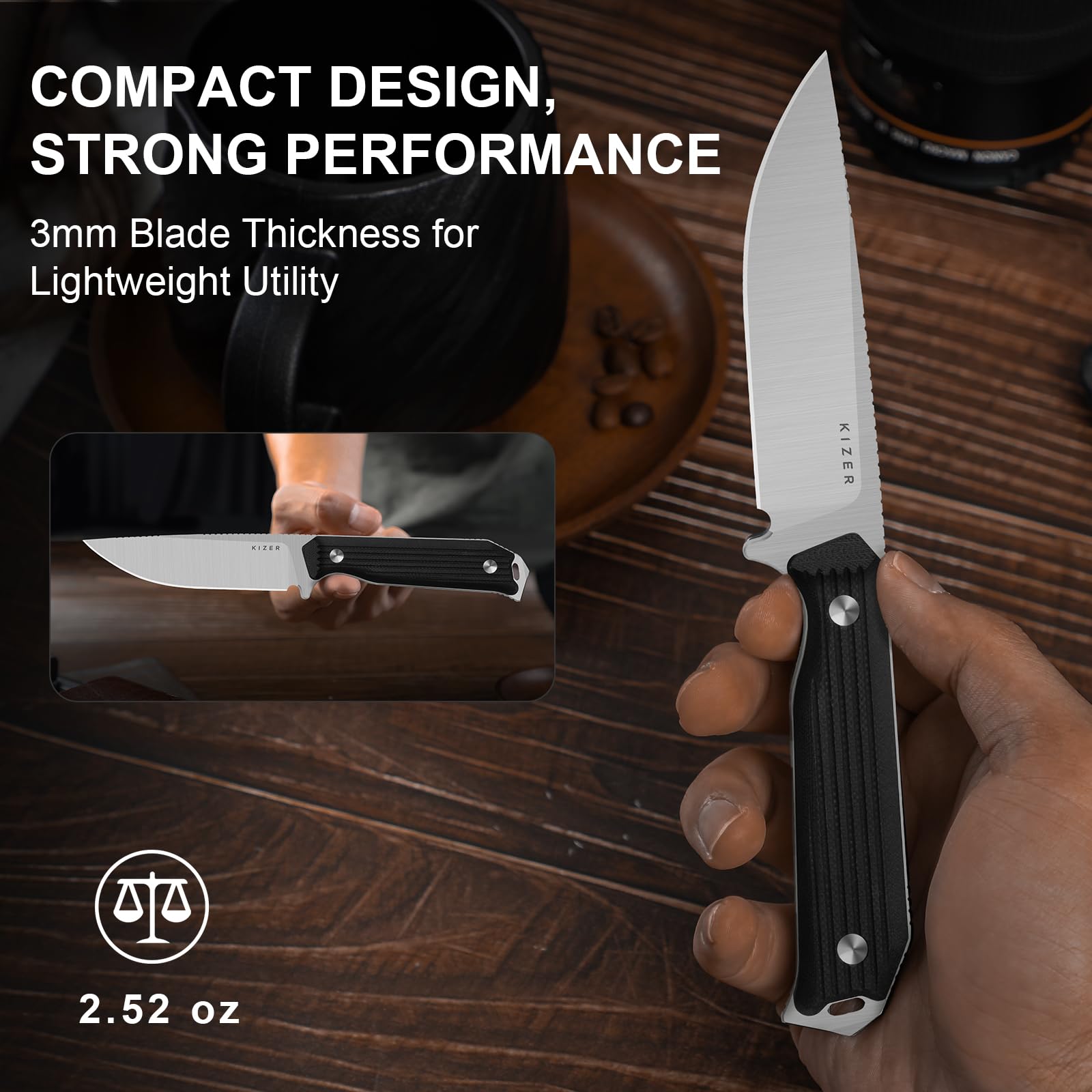 Kizer Begleiter Fix Cuchillo de Hoja Fija, Hoja AEB-L de 3,78" con Punta Descendente, Funda Kydex, Mango G10 Negro, Cuchillo EDC para Camping, Caza y Supervivencia 1045MD2