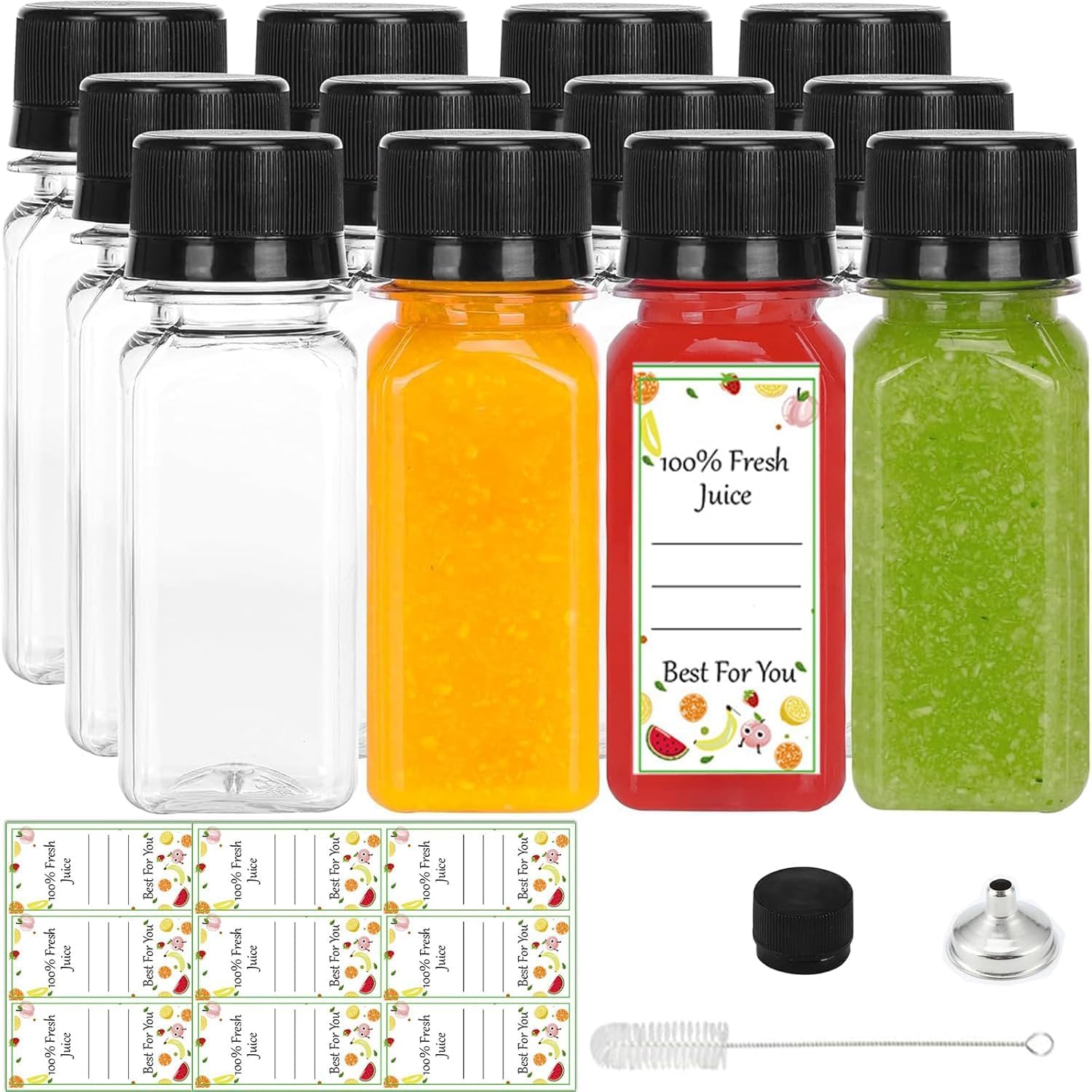 12PCS 2oz Small Plastic Juice Bottles with Lids Labels Small Funnels, Reusable Transparent Plastic Bottles Suitable for Ginger Juice and Other Beverages