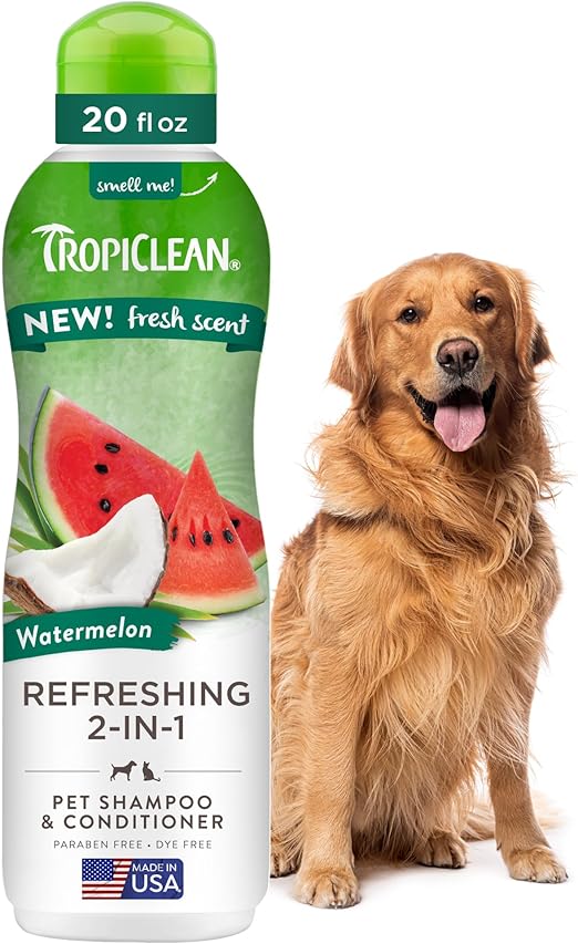TropiClean 2-in-1 Dog Shampoo and Conditioner, Moisturizing Dog Detangler, Puppy Safe, Made in the USA, Watermelon Scent, Cat & Kitten Safe, 20oz.