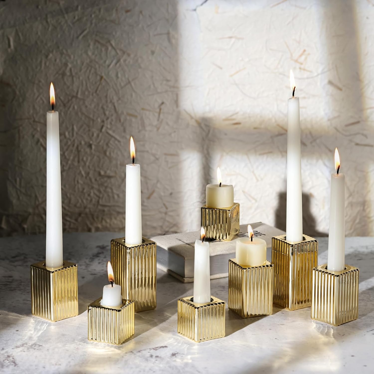 LETINE 12pcs Vertical Stripe Glass Candlestick Holders - Chic Taper Candle Sticks Holder Set for Elegant Dining & Home Decor - Ideal for Wedding Centerpieces, Parties, and Celebrations