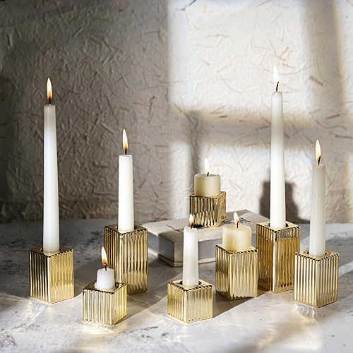 Miniatura 10 de LETINE Juego de 12 portavelas de vidrio con rayas verticales blancas - Elegante juego de portavelas cónico para comedor elegante y decoración