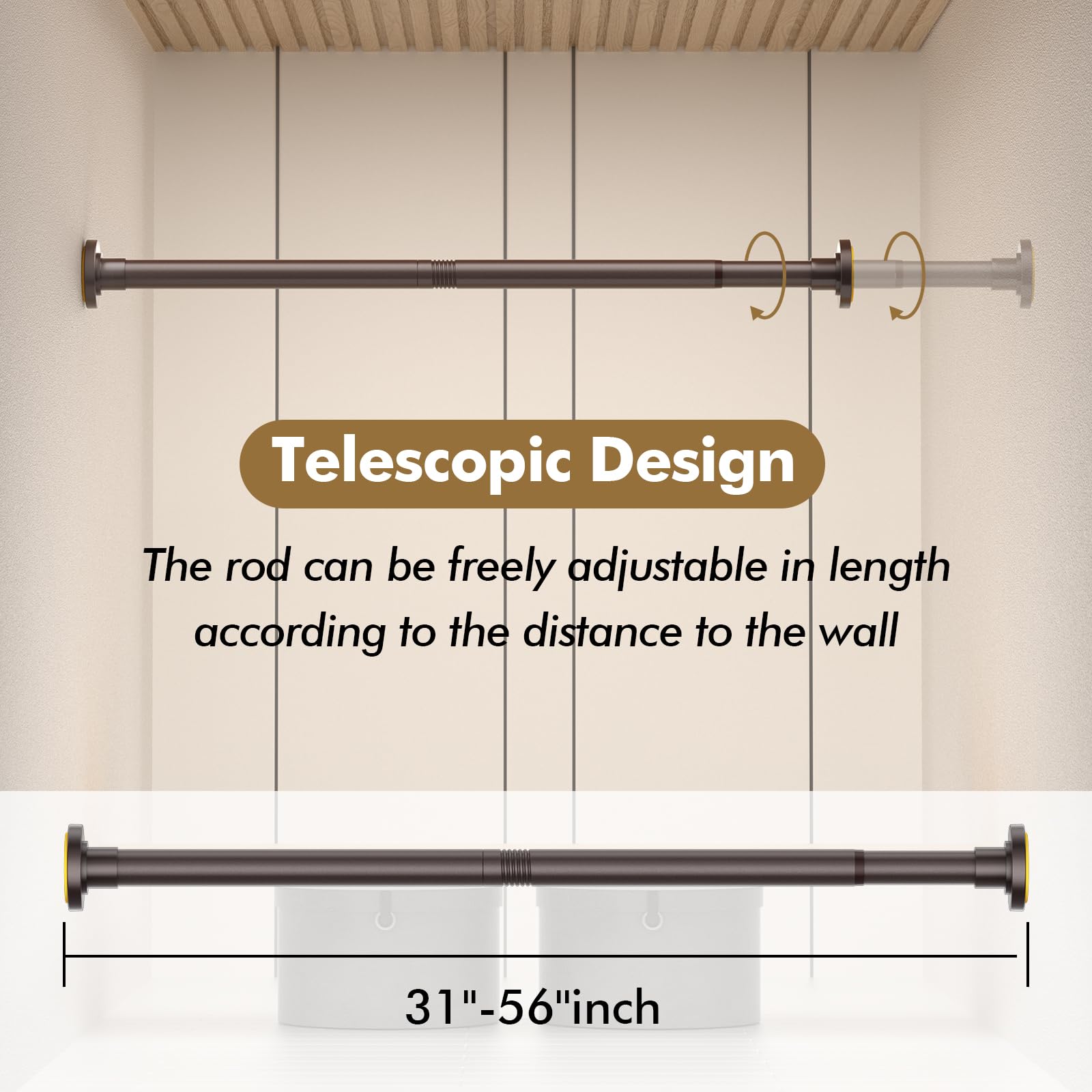 GXOACKJ Shower Curtain Rod Tension - 31-56 Inch Brown Adjustable Spring Tension Curtain Rods, Shower Curtain Rod for Bathroom No Drill, Non-slip, Stainless Steel