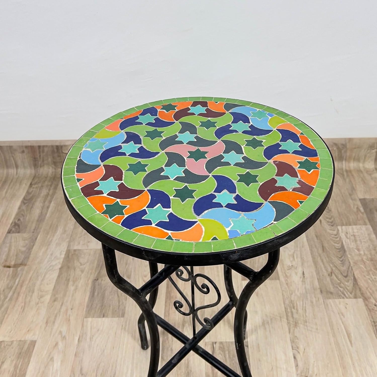 Moroccan Round Side Table with Ceramic Tile Top, Indoor and Outdoor Handmade Tile Table, End Table for Garden Patio Living Room, Garden Mosaic Table for Outdoor (12 inches = 30 cm)