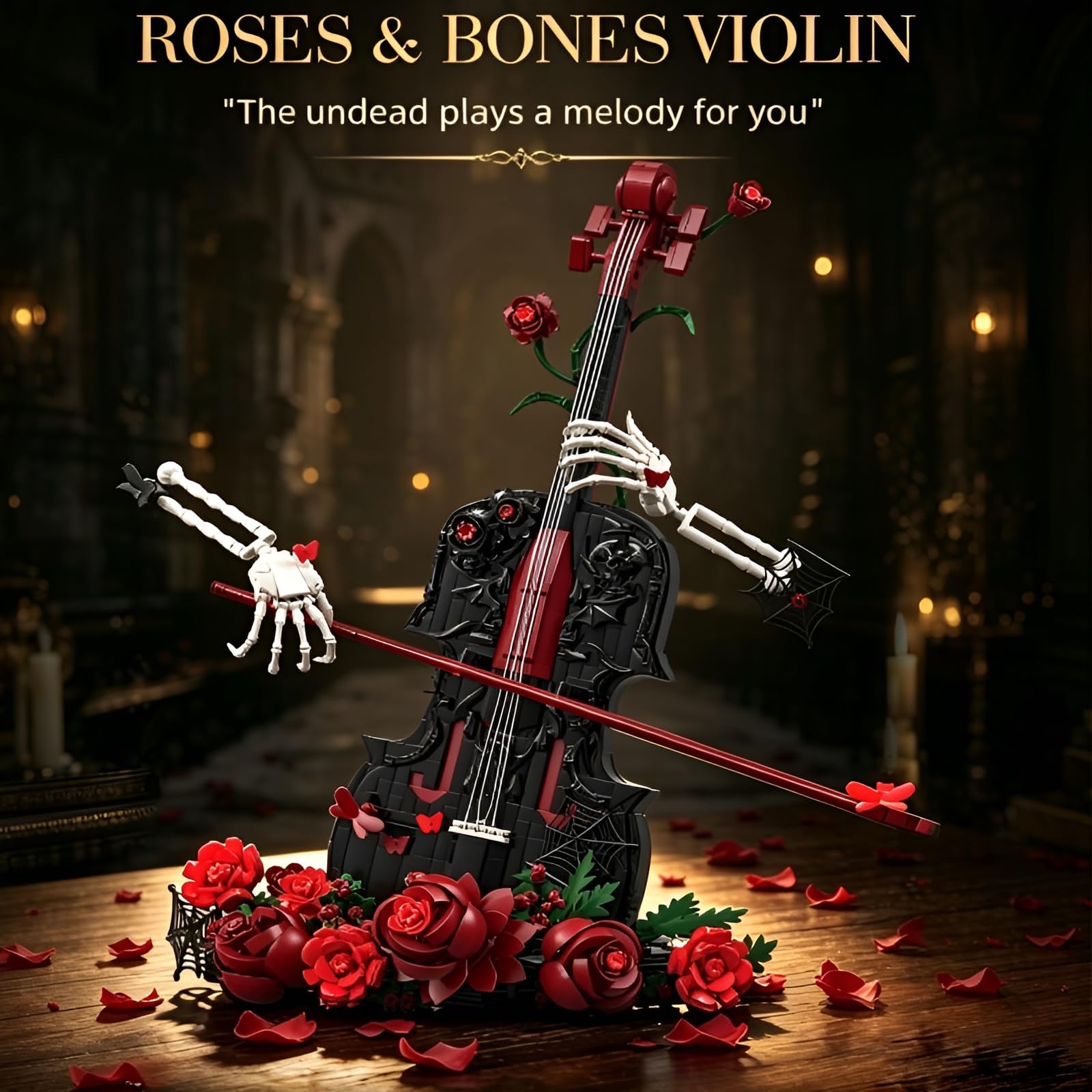 Gothic Rosen Geigen Bauklötze Set, 1429 Teile Sammlbares Musikinstrument Modell mit Skelett Händen & roten Rosen, Dekoratives Baukasten Display für Erwachsene & Teenager
