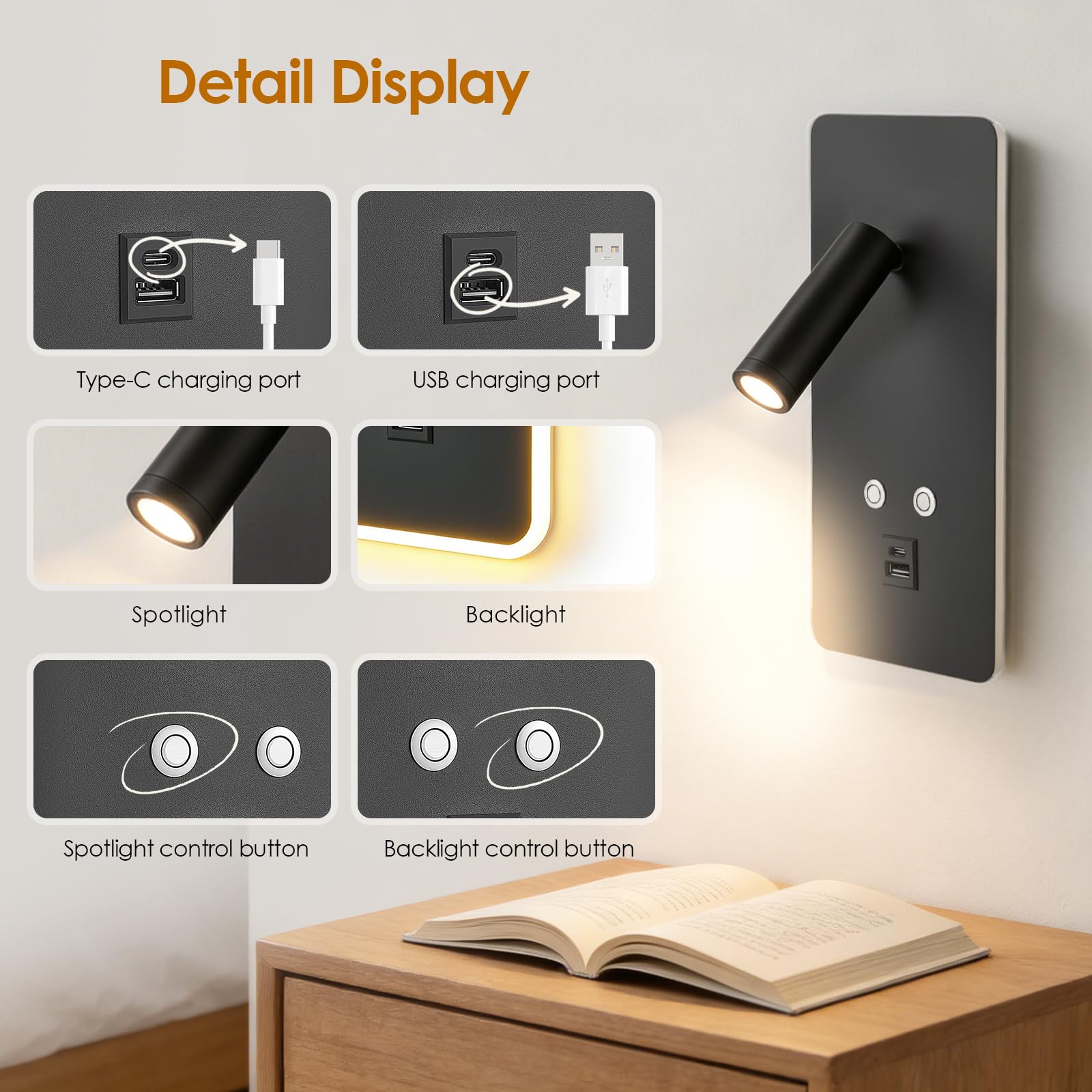 2pcs LED Wandleseleuchte, Stufenlos Dimmbare Leselampe Nachttischlampe, Wandleuchte Leselicht mit USB- und Typ-C-Ladeanschluss und Schalter für Schlafzimmer, Hotel, Flur (Warmes Licht 3W+9W)(Schwarz)