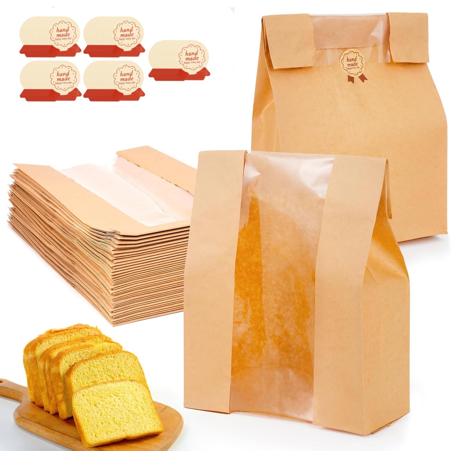 Qivine 100 Pcs Paper Bread Bags for Homemade Bread, 32x21x10cm Sourdough Bags with Window, Kraft Paper Storage With 100 Cute Sealing Stickers for Cookies Snacks