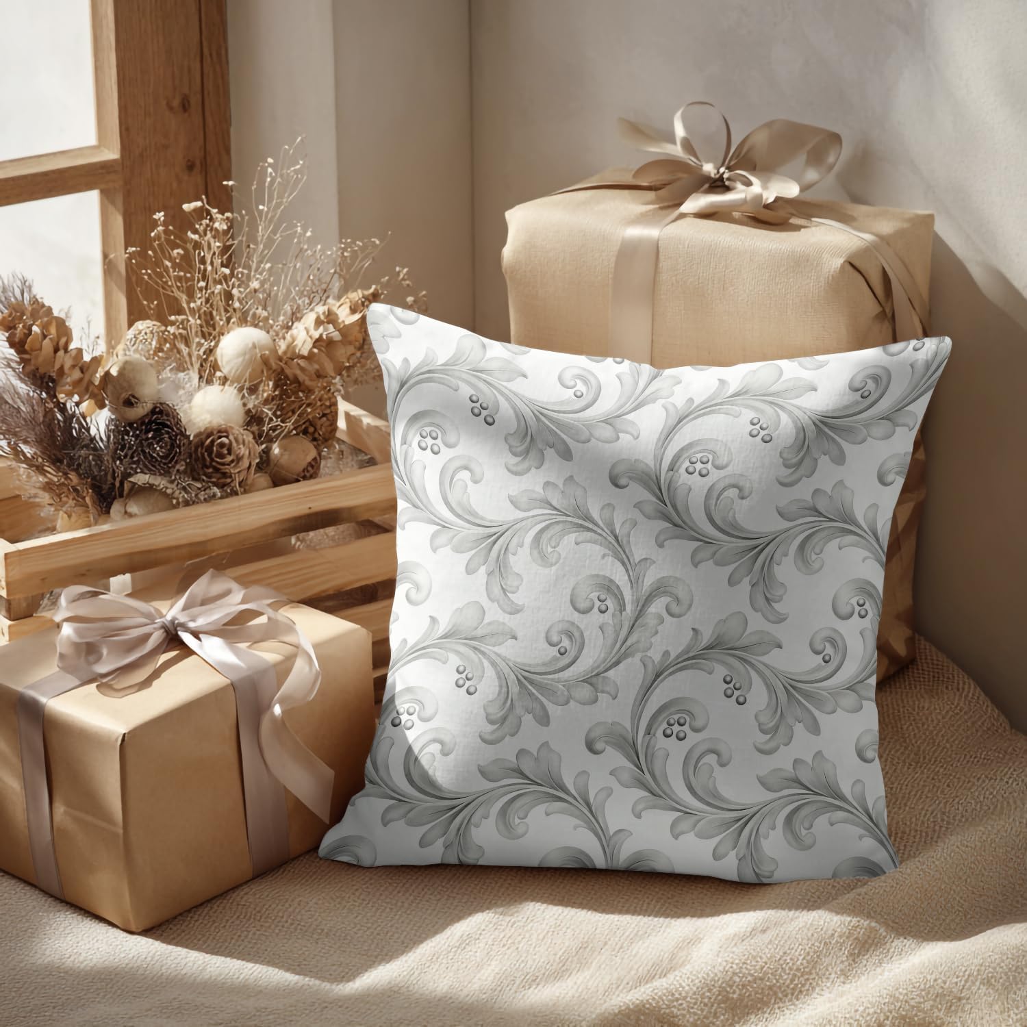 Batmerry Gray and White Floral Throw Pillow Covers,Victorian Style White Flower On Grey Decorative Pillow Covers Digital Printing Blended Fabric for Couch Sofa Bed Invisible Zipper 22X22 in