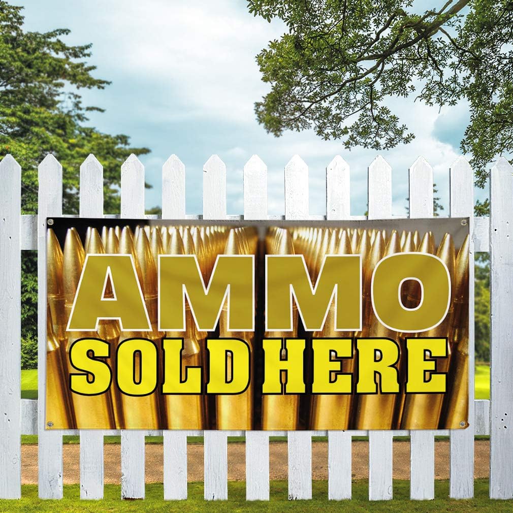 Vinyl Banner Multiple Sizes Ammo Sold Here Advertising Printing E Industrial & Craft Outdoor Weatherproof Industrial Yard Signs Yellow 4 Grommets 24x36Inches