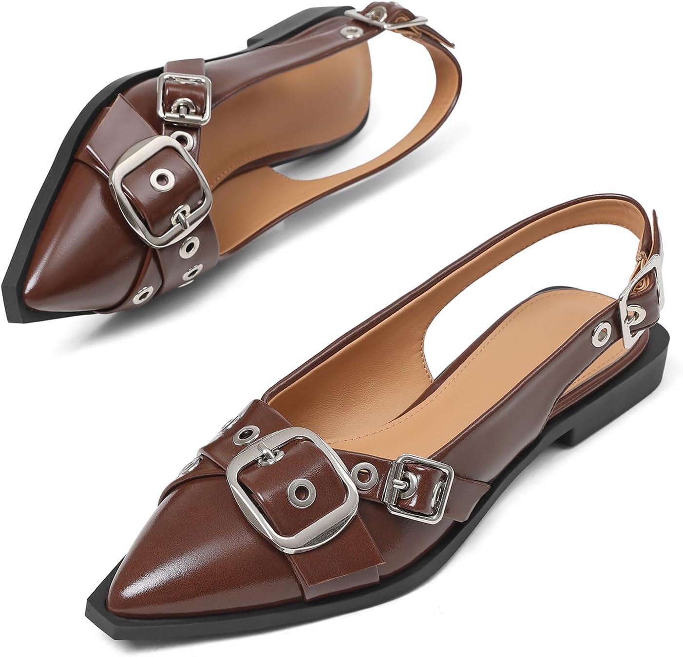 Kalstage Women's Slingback Flats Closed Pointed Toe Low Heel Dress Flat Shoes Buckle Patent Leather Ballet Flats for Women Comfortable Work