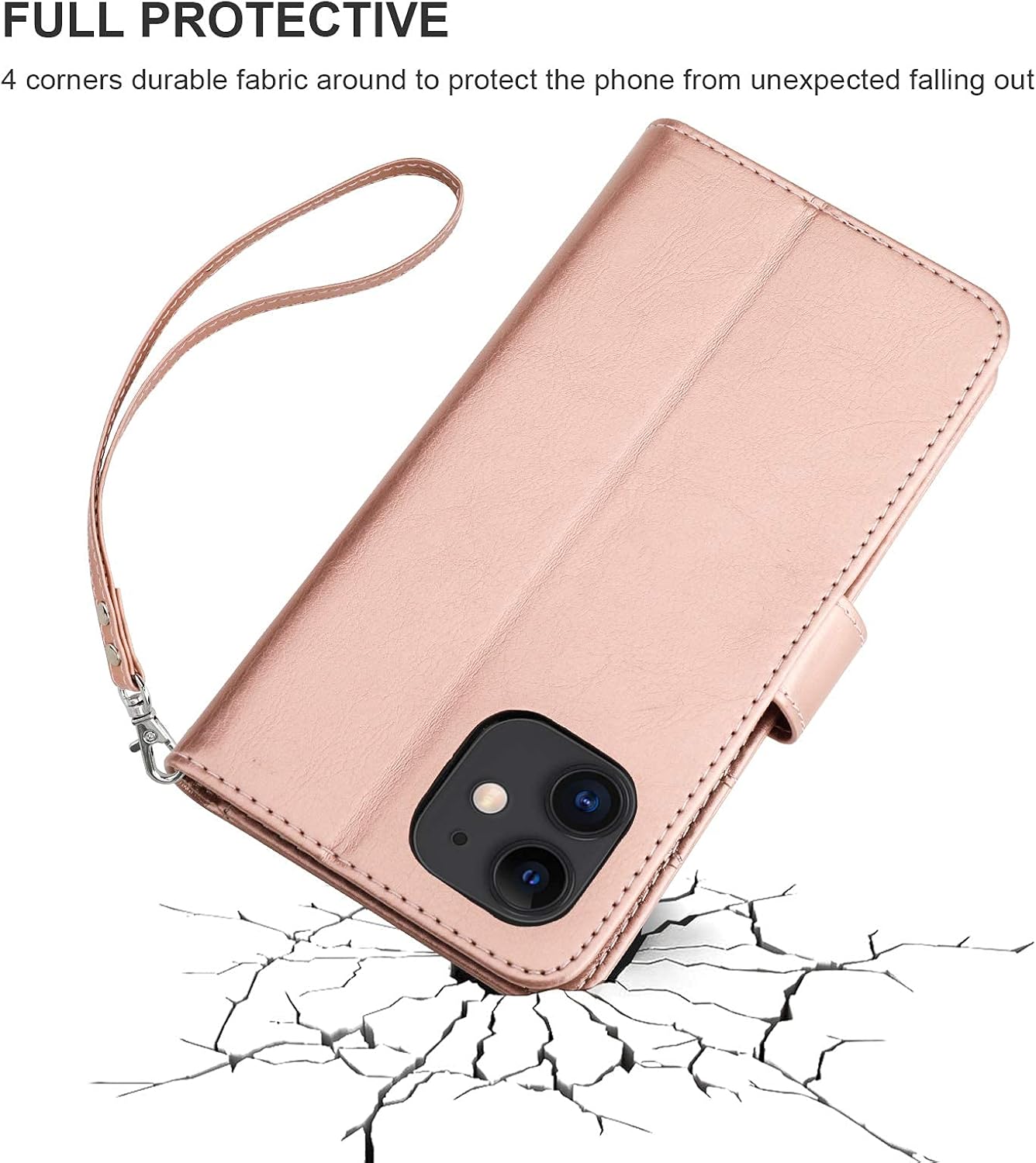 Bocasal iPhone 11 Wallet Case with Card Holder PU Leather Kickstand Shockproof Protective Wrist Strap Flip Cover for iPhone 11 6.1 inch (Rose Gold)