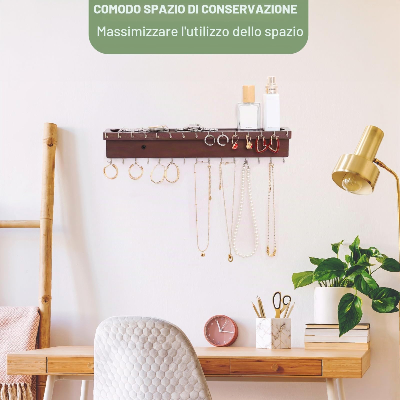 Organizer per collana da parete con 30 ganci, in rovere e contenitore per collane, bracciali e anelli (noce)
