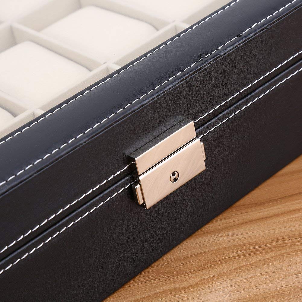 Ejoyous Caja para relojes para 24 relojes, caja para relojes, caja para guardar joyas, caja de reloj con cerradura de metal y cojín para reloj, tapa de cristal, 43 x 29 x 8,5 cm