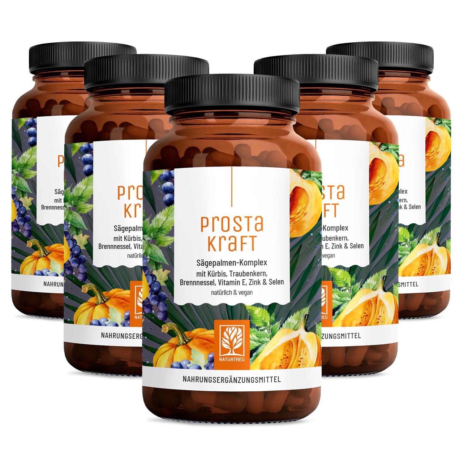 NATURTREU® Prostakraft - 600 vegane Kapseln hochdosiert mit Sägepalmenextrakt (500 mg), Brennnessel, Kürbiskern mit Vitamin E, Zink, Selen - 10 Monatsvorrat