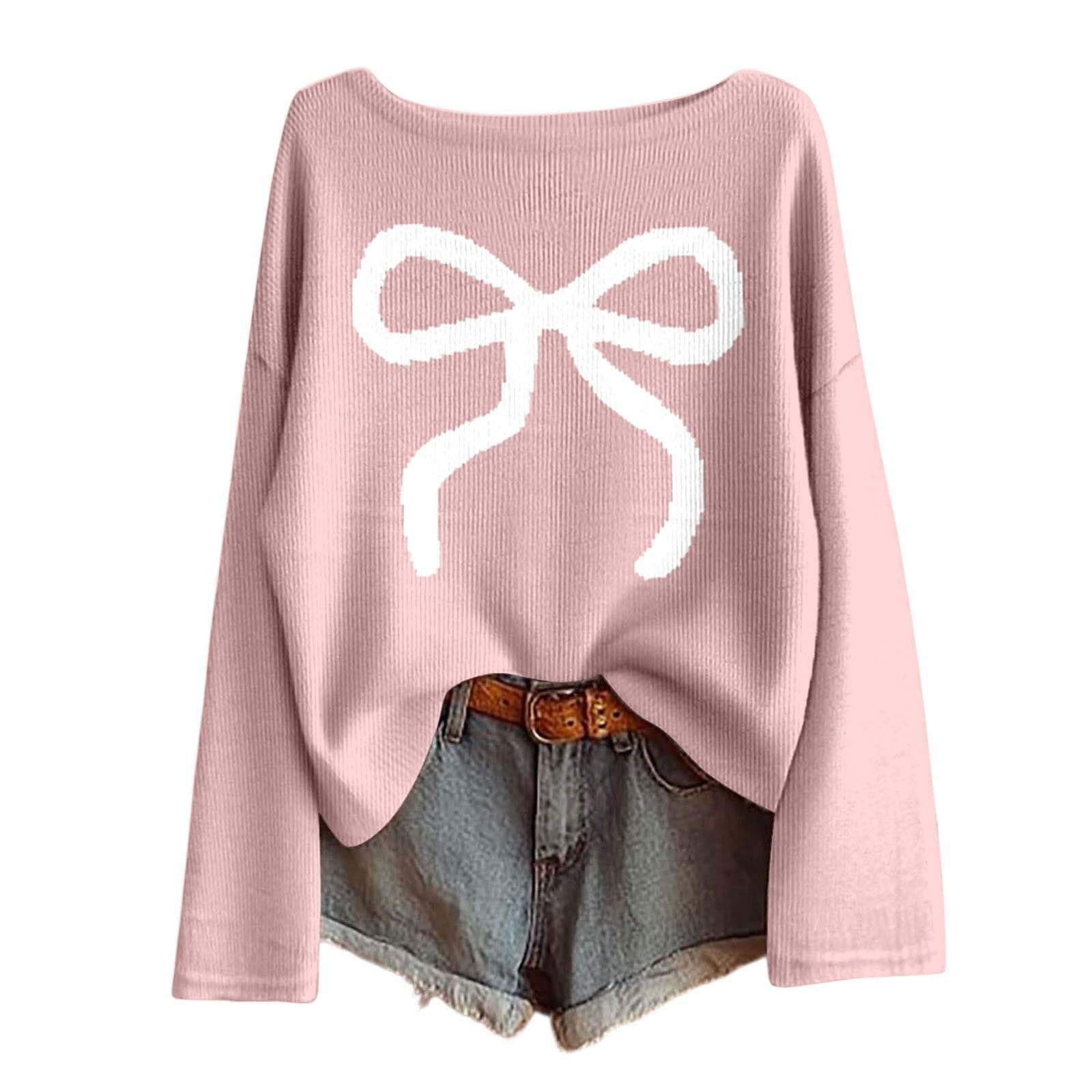 Women Bow Sweater Casual Crew Neck Long Sleeve Pullover Sweaters y2k Lightweight Knitted Jumper Tops Winter Clothing