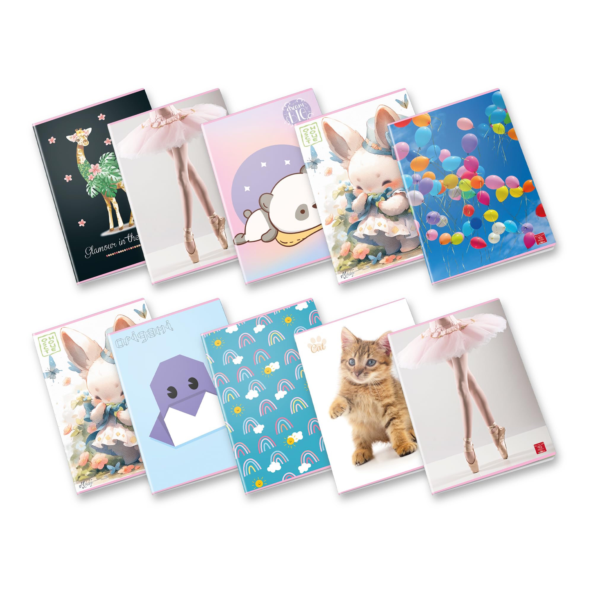 Pigna, Maxi Notebook Assortment for Girls, A4 21 x 29.7 cm, 80 Pages + Flap Paper, 80 g/m² Paper, 0C Interior, Rows with Margin, Assorted Covers, 10 Pieces