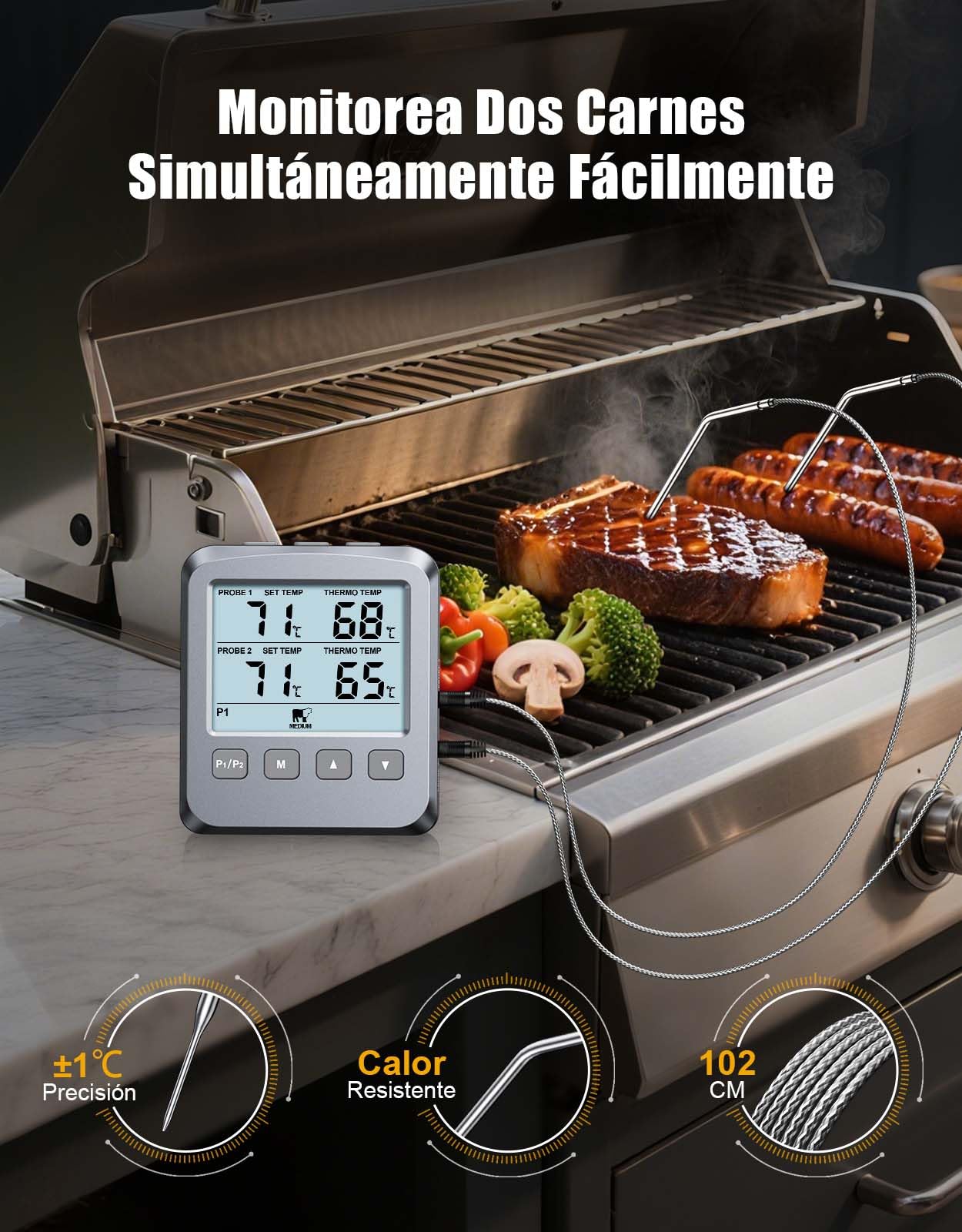 CIRYCASE Termómetro Cocina con 102cm Doble Sonda, Termometro Horno Digital para Cuisine, Comida, Barbacoa, Liquidos y Aceite, Doméstico Termómetro Carne con Gran Pantalla LCD & Alarma - ℃/℉ Conmutable