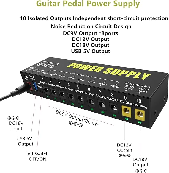 Guitar Pedal Power Supply 10 isolated DC output 9V/12V/18V for Effect Pedal Power Supply with Smart Short Circuit and Over Current &5V/1A USB output