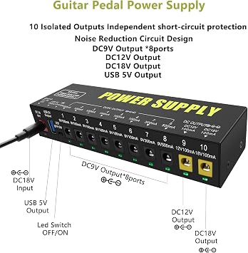 Guitar Pedal Power Supply 10 isolated DC output 9V/12V/18V for Effect Pedal Power Supply with Smart Short Circuit and Over Current &5V/1A USB output