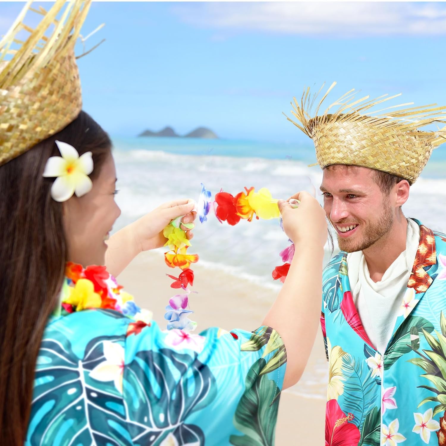 Toulite 6 Pcs Adult Tacky Tourist Costume Tacky Traveler Costume Couples Costumes Straw Hat Hawaiian Hula Garland Halloween
