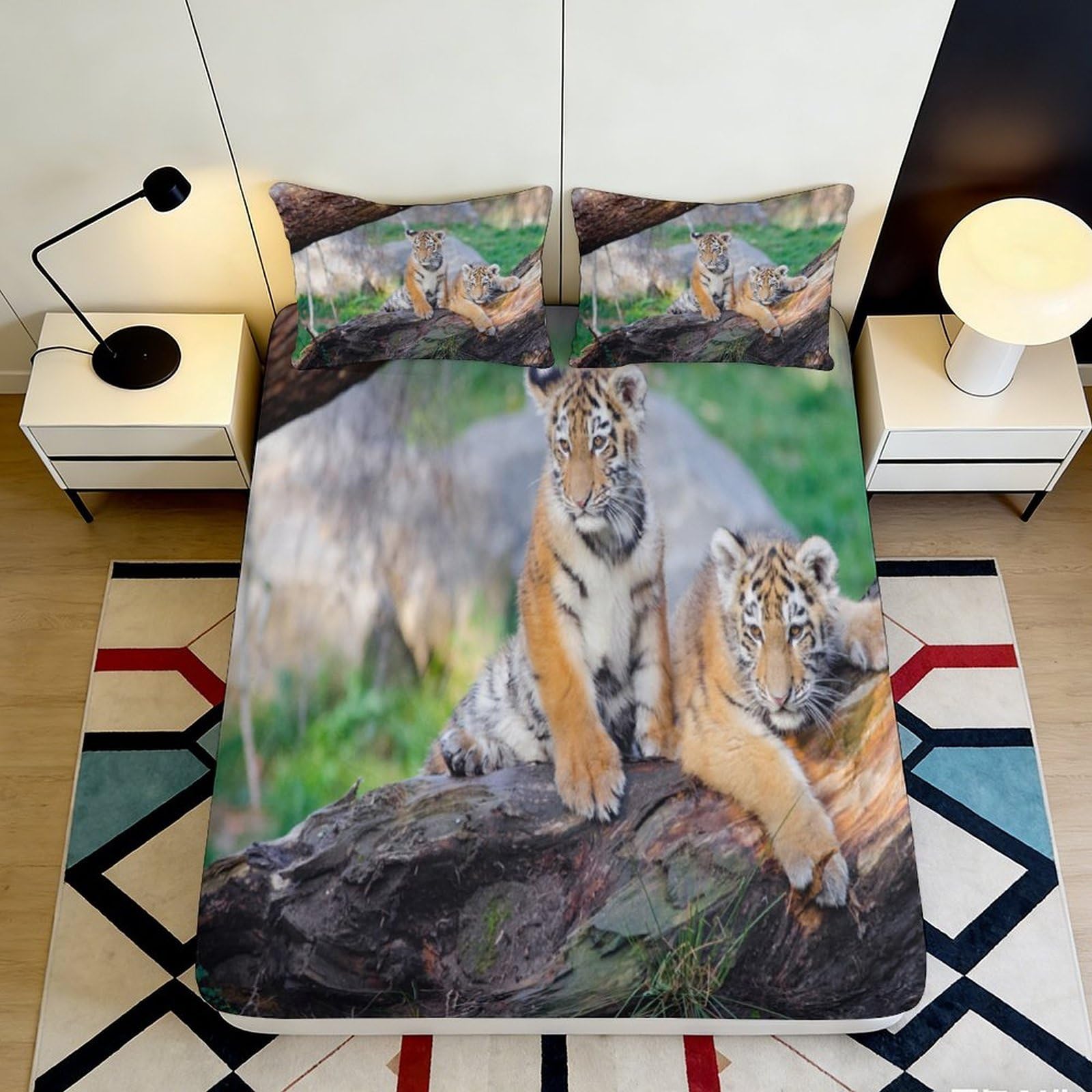 3D Printed Tiger Cub Forest Fitted Sheet Microfiber Soft Anti-Slip Mattress Cover Bedroom Decor Machine Washable 140x200x25cm
