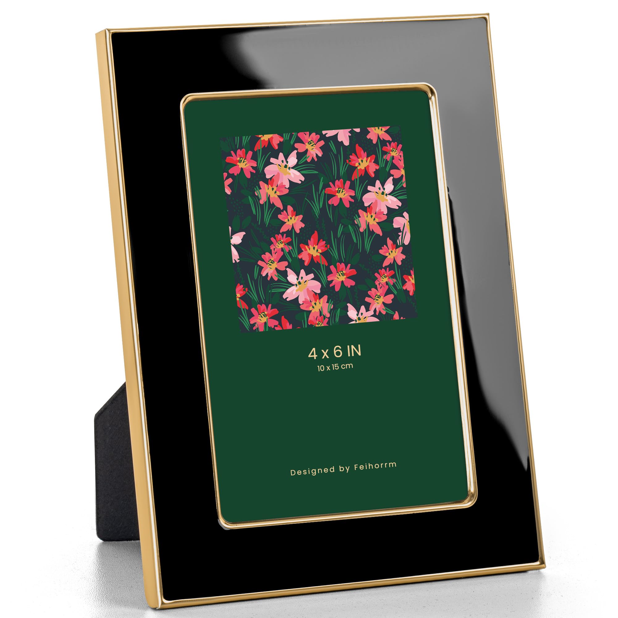 Feihorrm Photo Frame 6x4, Black Enamel Frame with Gold Metal Edge, HD Tempered Glass Picture Frame, Vertical & Horizontal Display, Tabletop & Wall Mount Decor