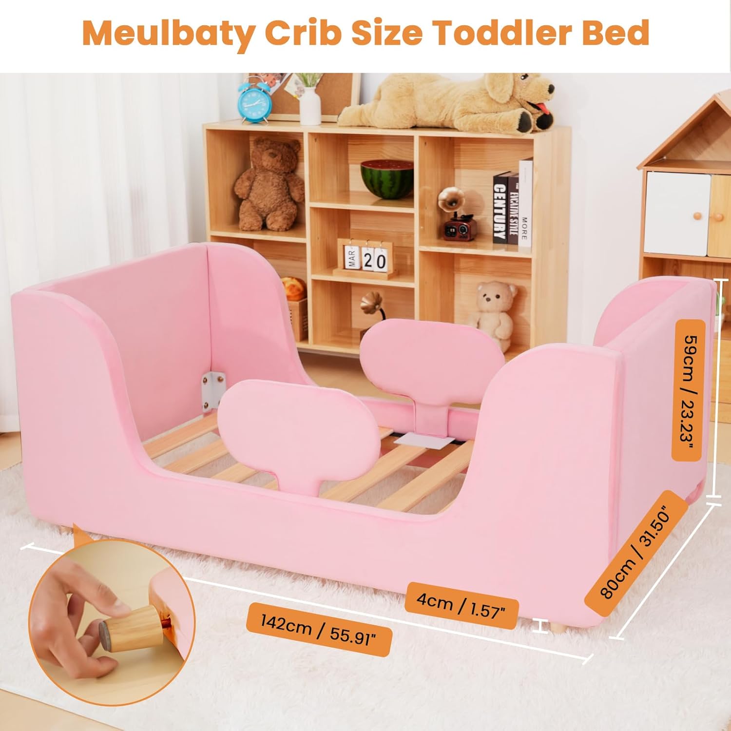 Toddler Bed Frame, Toddler Bed Upholstered, Toddler Floor Bed with Wood Slats and Removable Safety Guardrails, Standard Crib Size Kids Bed for Girl and Boy, Pink