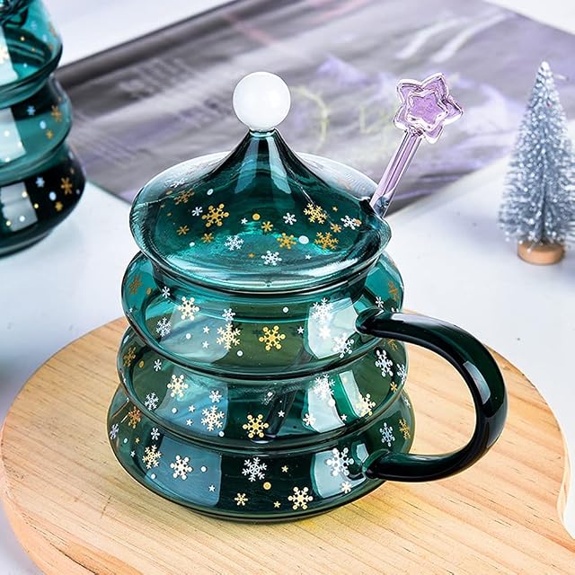 URMAGIC Christmas Tree Shaped Coffee Mugs, 400/500ml Tea Glass Cups with Lid,Handle and Star Spoon,Blue Christmas Tree Cup,Cute Couple Cup,Funny Mugs,Romantic Birthday Gifts