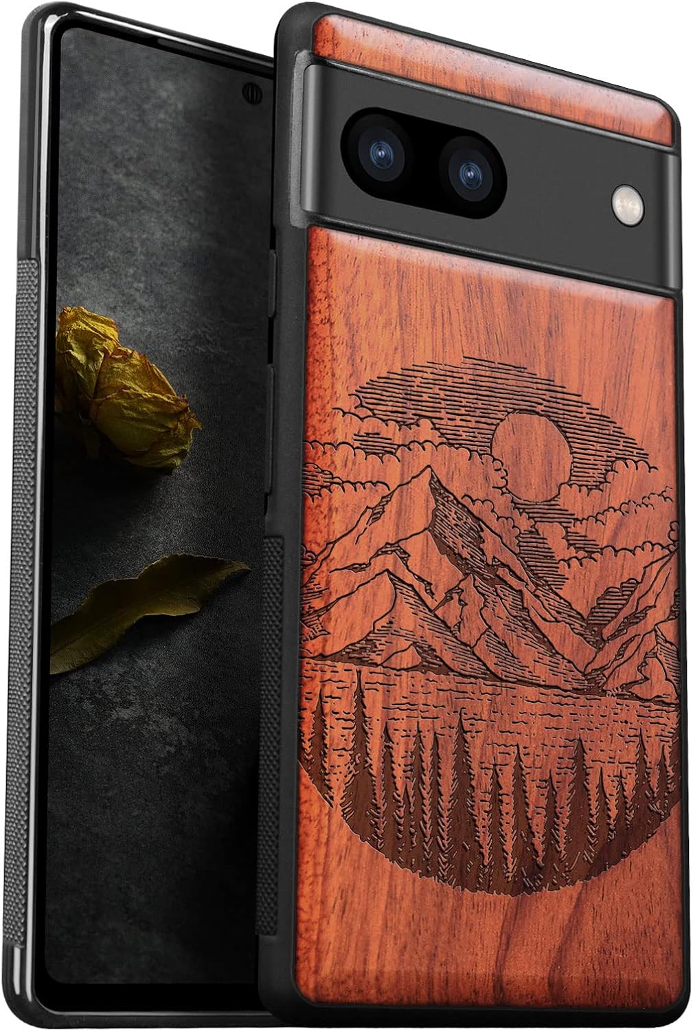 Carveit Wood Case for Pixel 7a Case [Natural Wood & Black Soft TPU] Shockproof Protective Unique & Classy Wooden Phone Cover Compatible with Google Pixel 7a (Alpine Lake-Rosy)