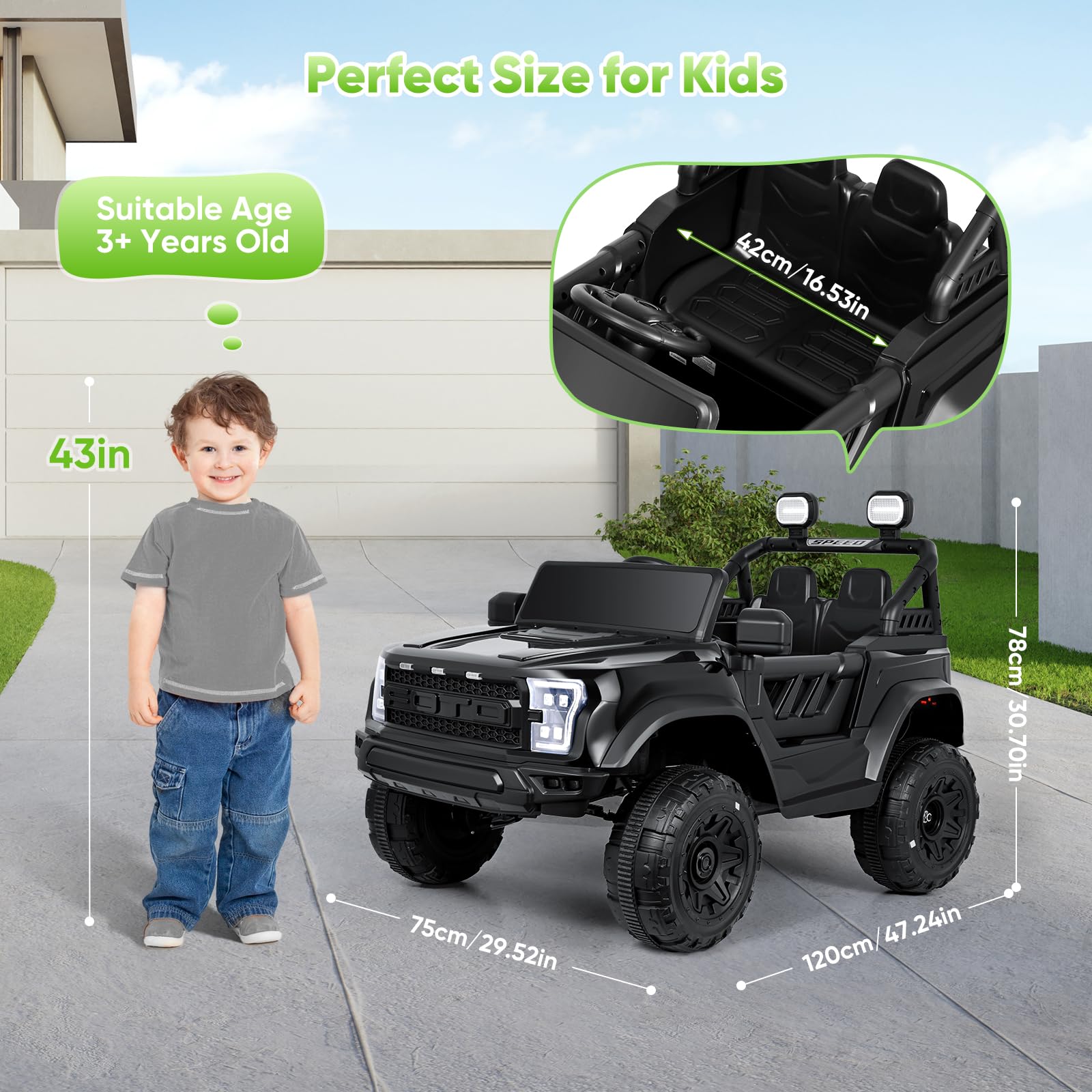 Elektroauto für Kinder, 12 V, mit Fernbedienung, 2,4 G, maximale Tragfähigkeit 50 kg, Fahrzeuge mit LED-Lichtern, Musik, Hupe, USB-Funktionen (Schwarz – Doppelsitz)