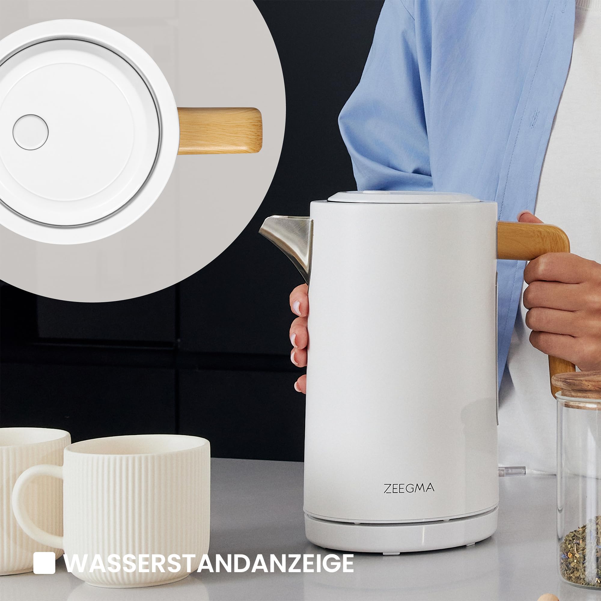 ZEEGMA KETLEE 1,7 L Kabelloser elektrischer Wasserkocher | für Tee und Kaffee, 2200 Watt, Wasserstandsanzeige, automatische Abschaltung, Edelstahl, Modernes elegantes Design (Schwarz)