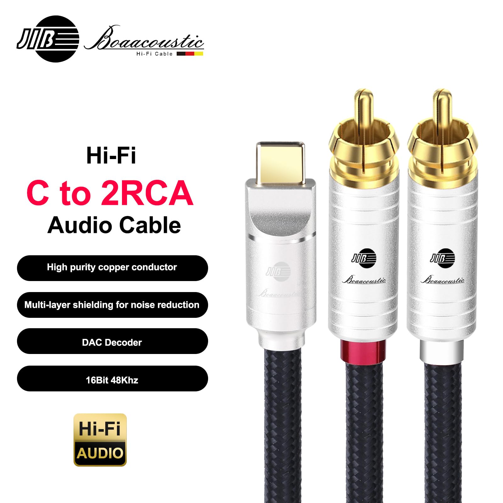 JIB Audiophile kabel audio USB C na cinch, typ C na 2 RCA, kabel adapterowy, kompatybilny z Huawei P30 50 60 Iphone 15/16 iPad Pro, MacBook, PS5, wzmacniacz kina domowego, DVD TV głośnik 1,5 m