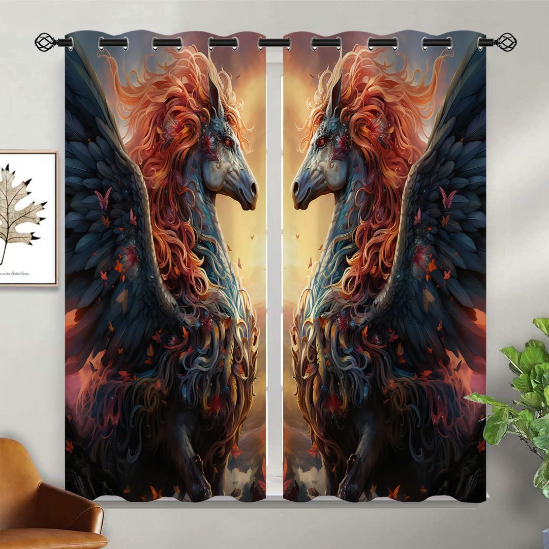 Fantasy Animal Blackout Curtains for Girls Boy Home Decor, Enchanted Unicorn Magic Horse Grommet Thermal Insulated Drapes Darkening Window Curtain for Bedroom Living Room, 42 x 45 Inch