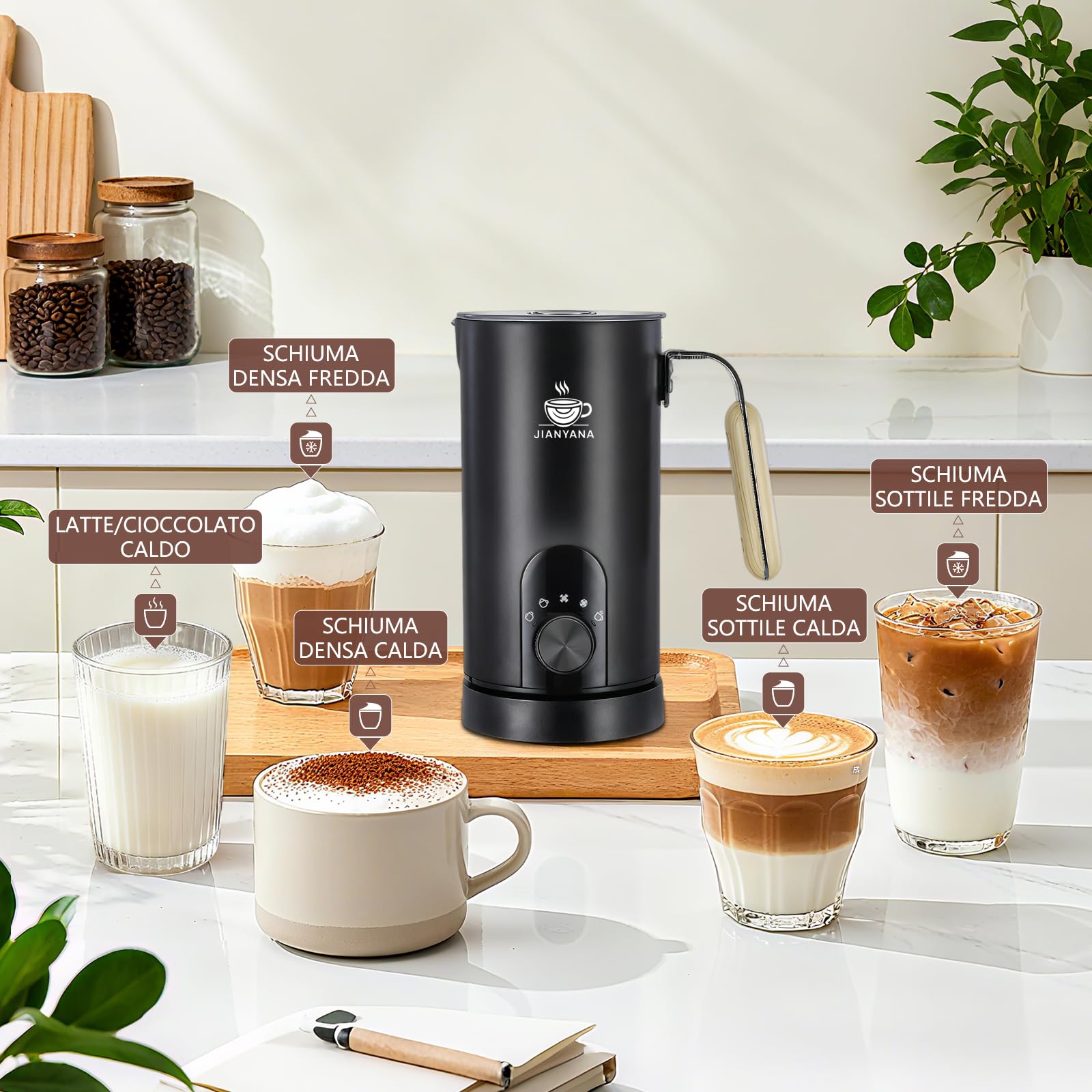 Jianyana Montalatte elettrico 5 in 1 – Montalatte automatico 350 ml grande capacità (nero)