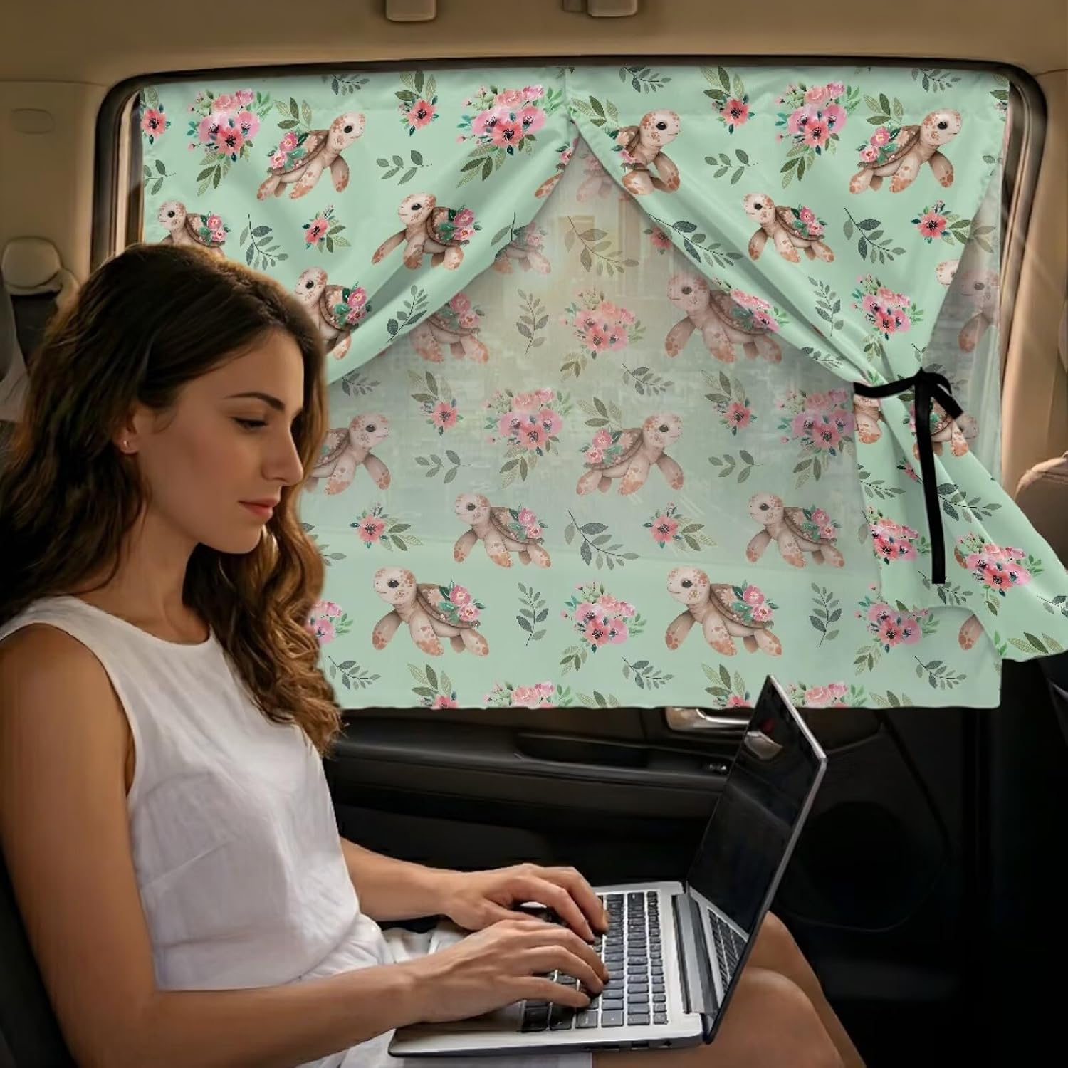 Back Car Window Curtains 2 Pieces Magnetic Car Curtains Comfy Protective UV Protection Block Sun Glare Window Screens for Side Windows, Floral Turtle Print Green