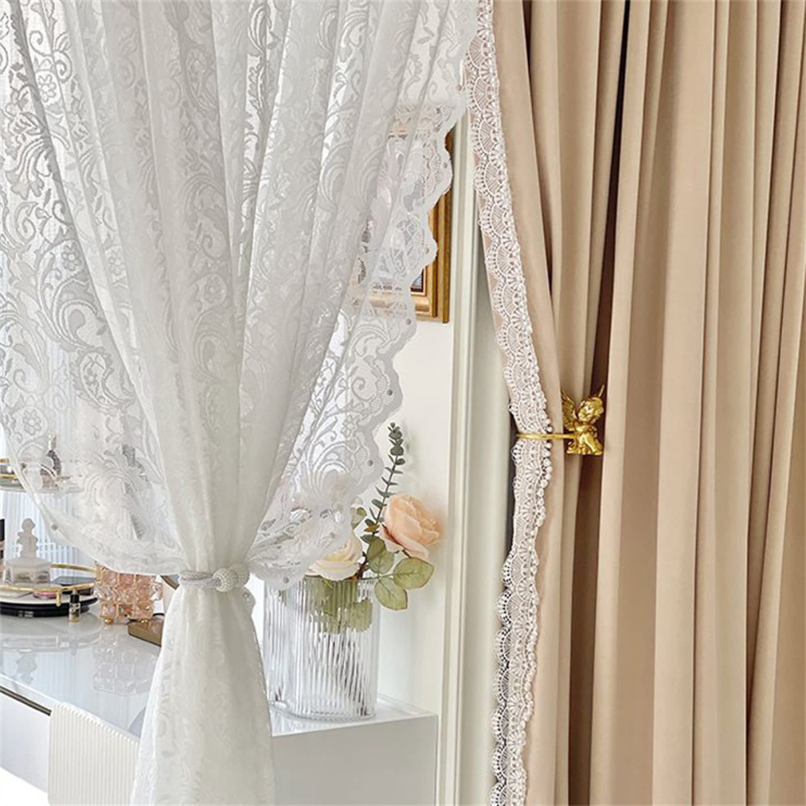 Lot de 2 voilages semi-transparents en dentelle avec œillets, design moderne pour salon et chambre à coucher, 2 x 140 x 180 cm, motif dentelle blanche