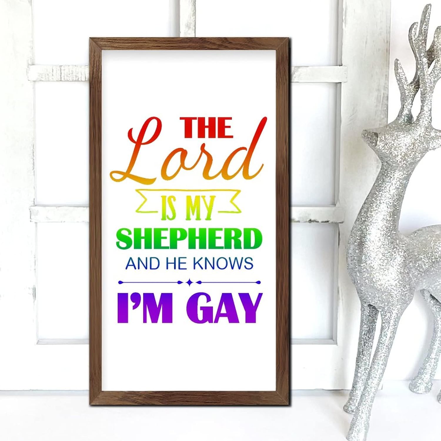 LGBT Pride Framed Wood Signs The Lord is My Shepherd and He Knows I’m Gay Wood Sign Plaque Classic LGBTQ Cheer Up Wall Decor Farmhouse Rustic Wooden for Queer Gay Lesbian Latino 22x12 in