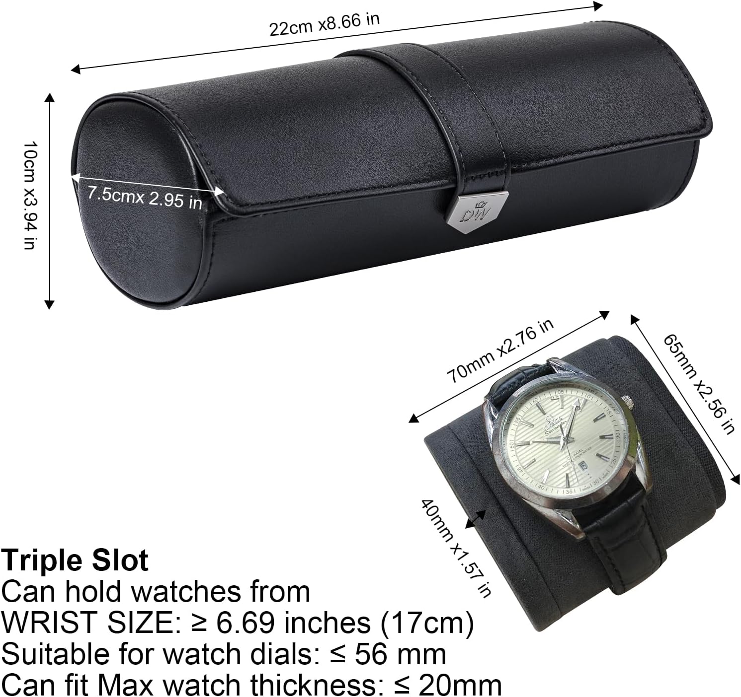 DUKWIN Watch Roll for 3 Watches,Vegan Leather Travel Watch Case Organizer with Removable Pillows for Men and Women,Display Case for Watches Collection and Gift for Anniversary Birthday(Black Storage)