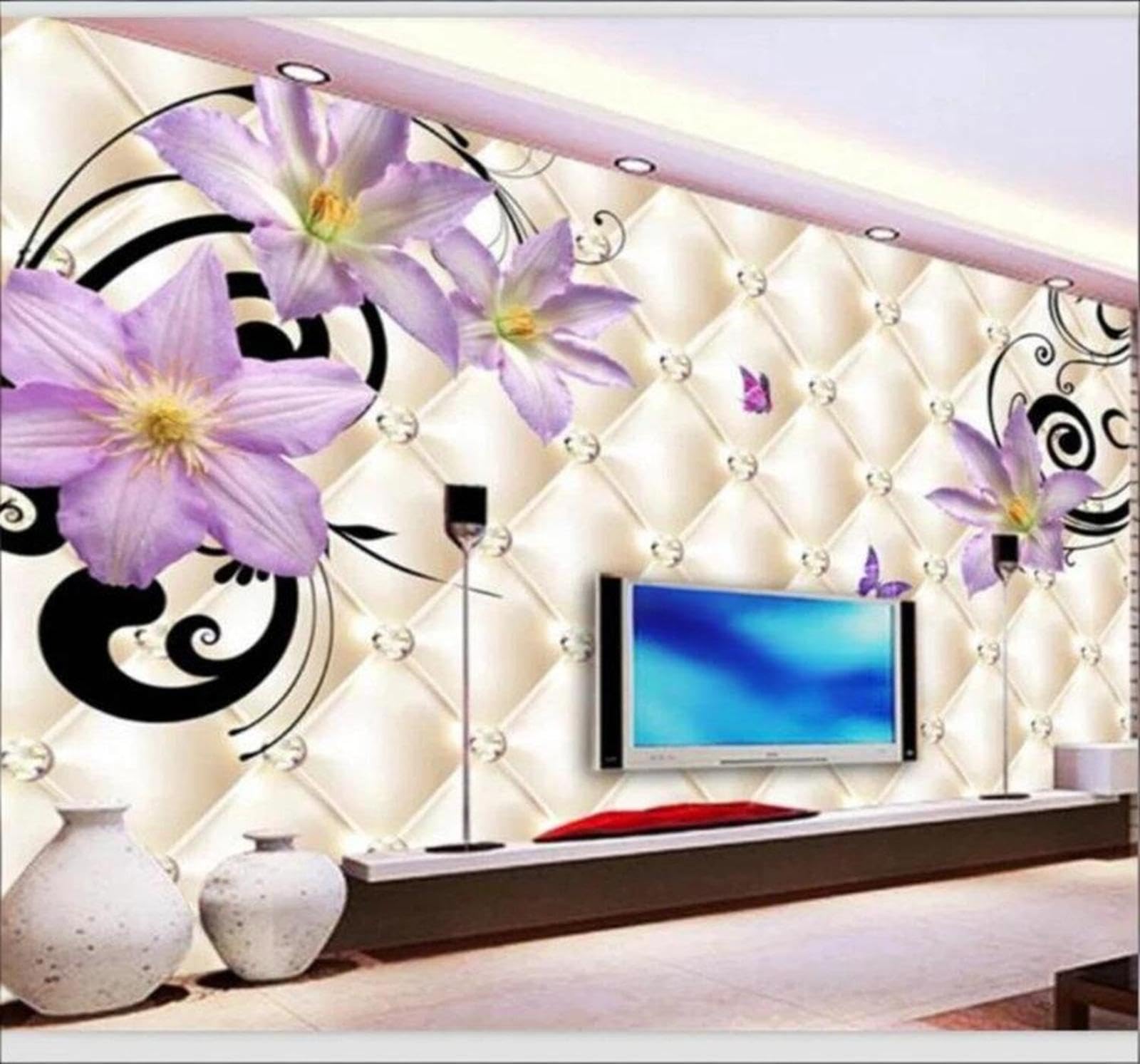 Wallpaper-3D-Xlm 200Cm×140Cm(B×H) Three Dimensional Padded Diamond Purple Lilies 3D Wallpaper Easy Install Feature Office Living Room Sofa Bedroom Tv Background Wall Decoration-200Cm×140Cm